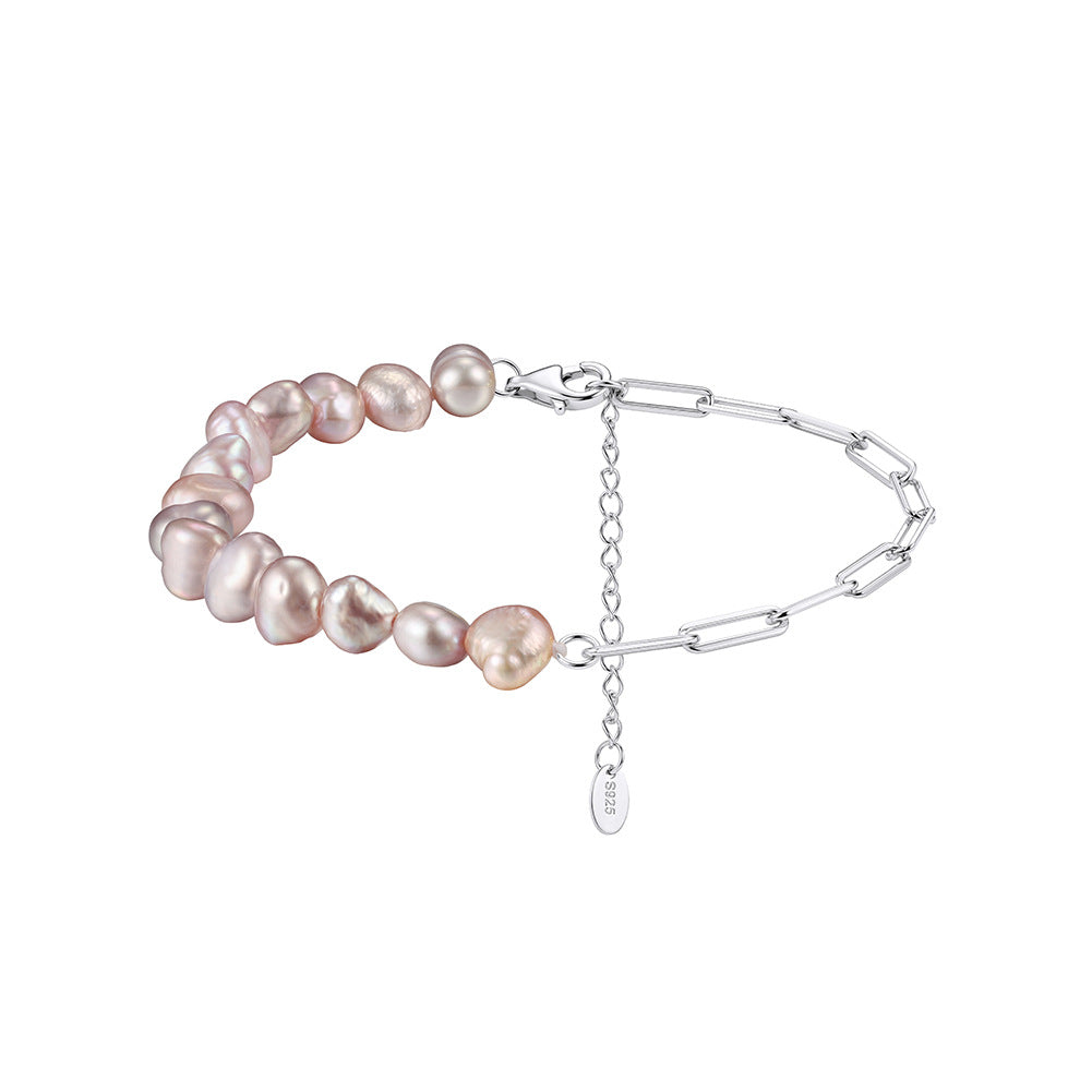 S925 Sterling Silver Half Baroque Pearl Half Paperclip Chain Bracelet, Soft Pink Natural Baroque Freshwater Pearls, Adjustable Extension Chain