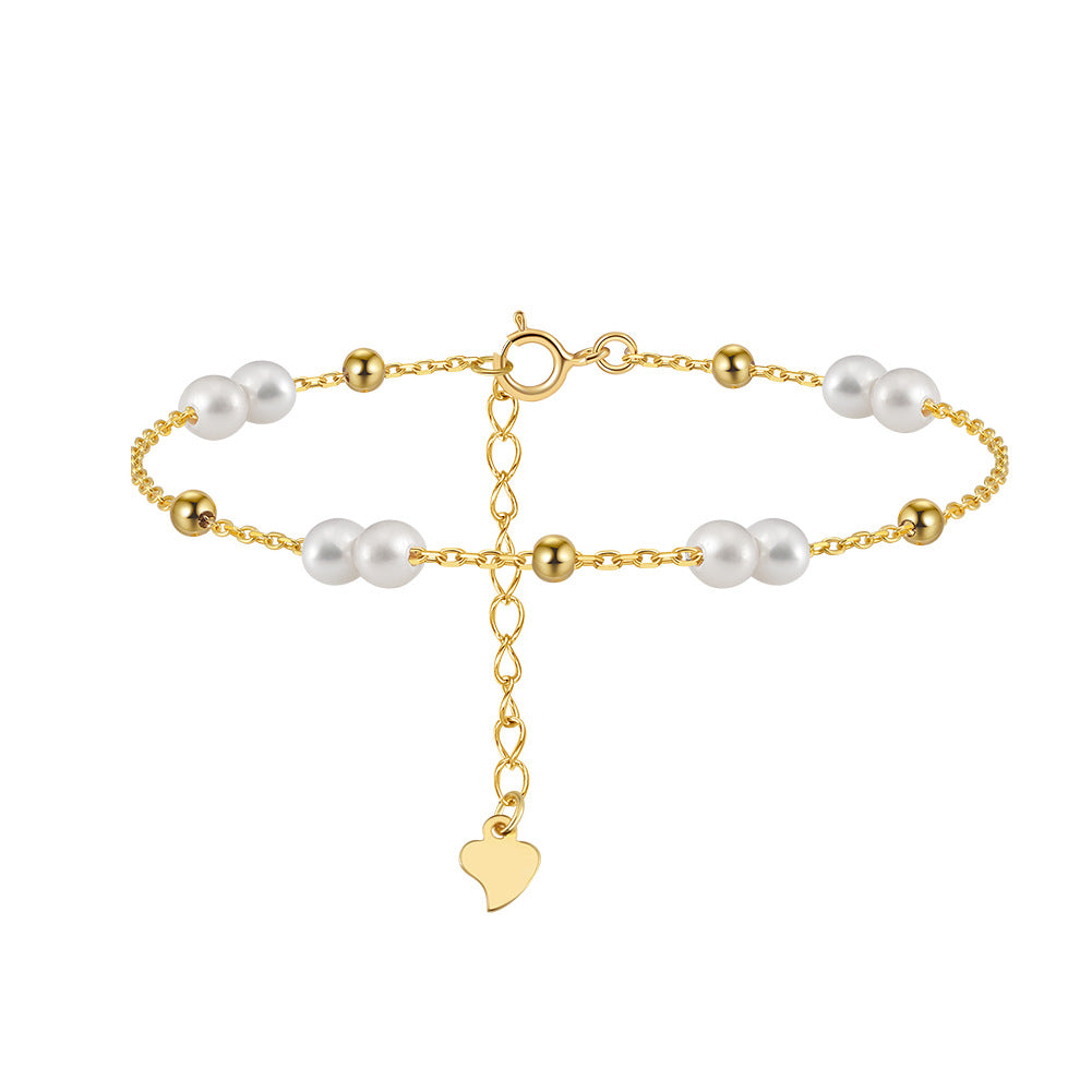 14K Gold Plated Dainty Cable Chain Bracelet, Lustrous White Freshwater Pearl Paired Beads with Gold Spacers, Heart Charm Adjustable Extension Chain