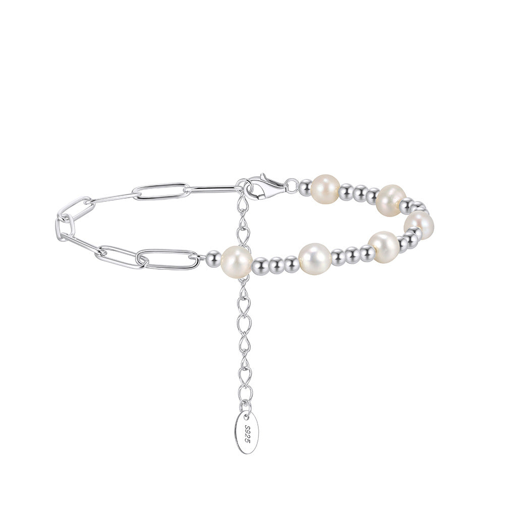 S925 Sterling Silver Half Paperclip Half Ball Chain Bracelet, Round Lustrous White Freshwater Pearls, Adjustable Extension Chain