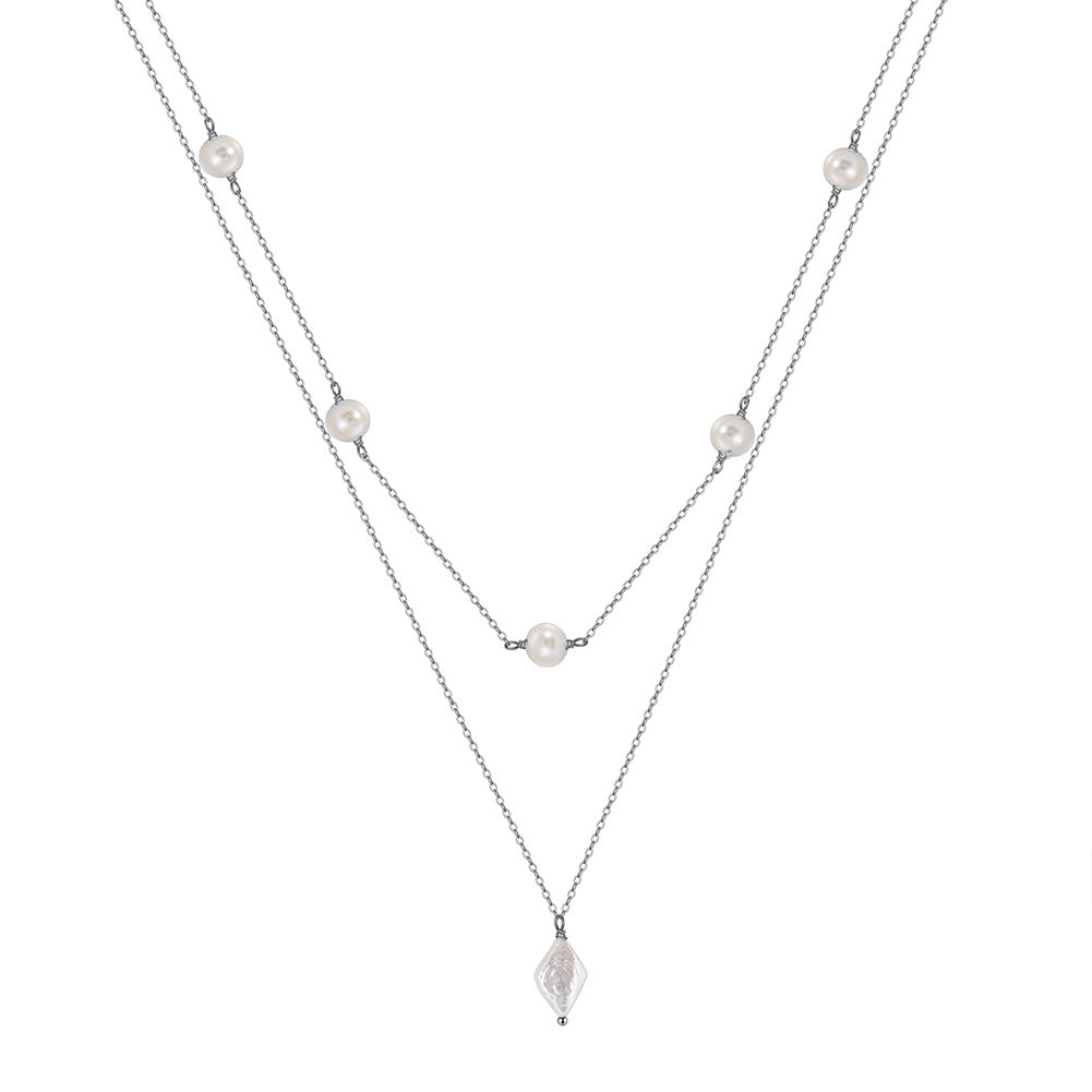 Silver Multi Layer Freshwater Pearl Necklace, Double Chain with Lustrous Round Pearls and Diamond-Shaped Baroque Pearl Drop Pendant