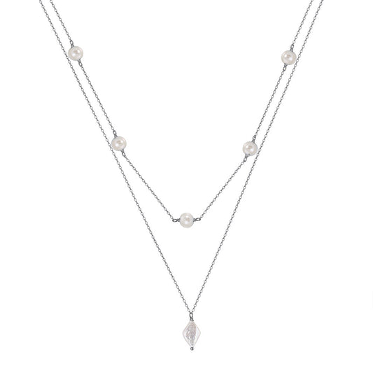 Silver Multi Layer Freshwater Pearl Necklace, Double Chain with Lustrous Round Pearls and Diamond-Shaped Baroque Pearl Drop Pendant