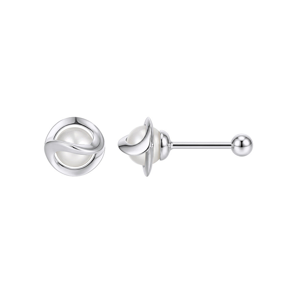 S925 Sterling Silver Twisted Wrap Round Freshwater Pearl Screw Back Stud Earrings, Minimalist Spiral Frame Pearl Ear Piercing Studs