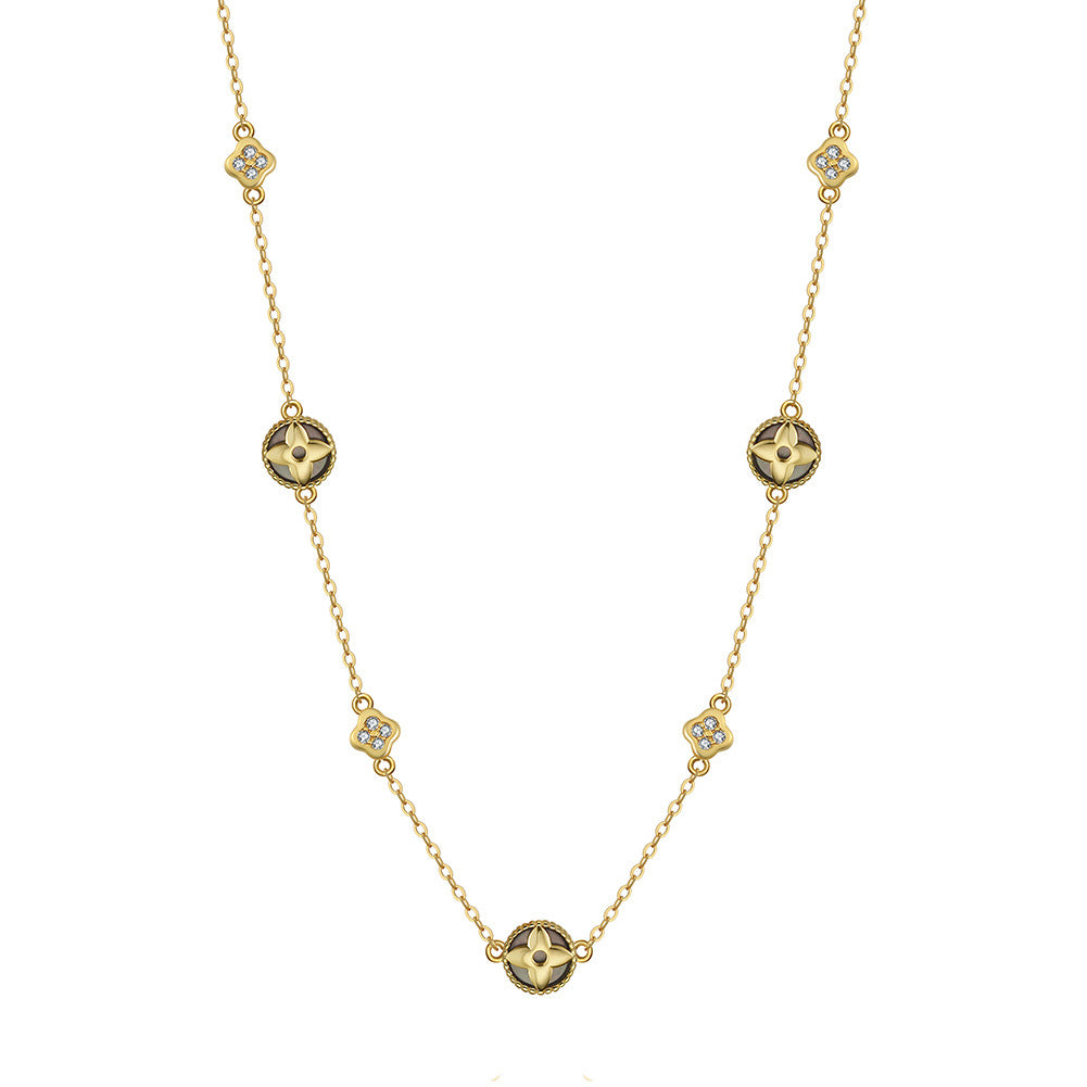Silver Four Leaf Clover Station Necklace, Inlaid Mother of Pearl & Cubic Zirconia Clover Charms Dainty Cable Chain