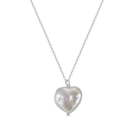 Single Large Iridescent Heart Baroque Freshwater Pearl Pendant Necklace, Lustrous Heart Pearl on Delicate S925 Silver Cable Chain