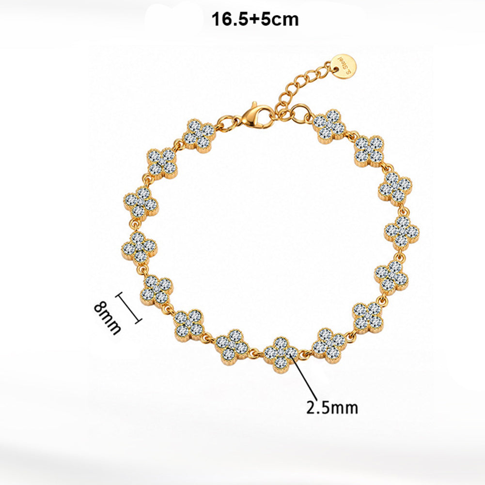 Stainless Steel Pave CZ Four Leaf Clover Bracelet, Full Paved Clear Zirconia Clover Station Bracelet