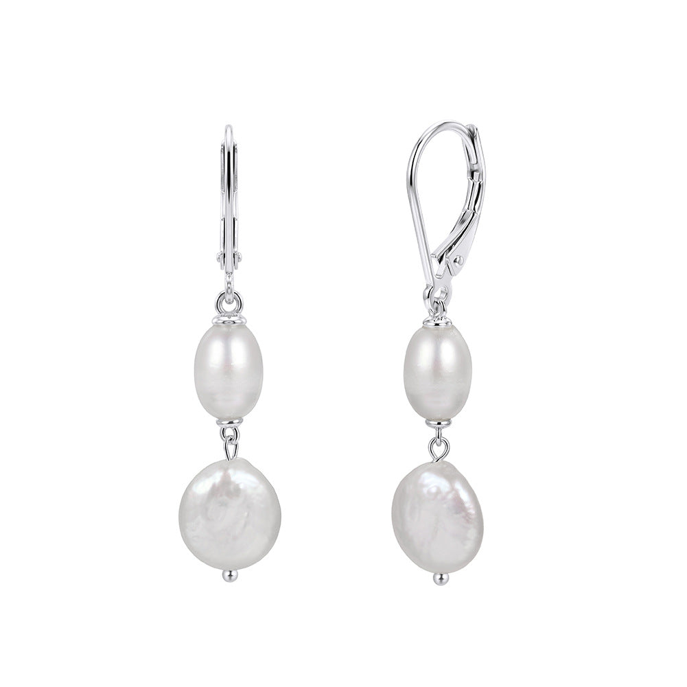 S925 Sterling Silver Leverback Pearl Drop Earrings, Oval Rice Pearl and Coin Baroque Freshwater Pearl Two-Tier Dangle Earrings