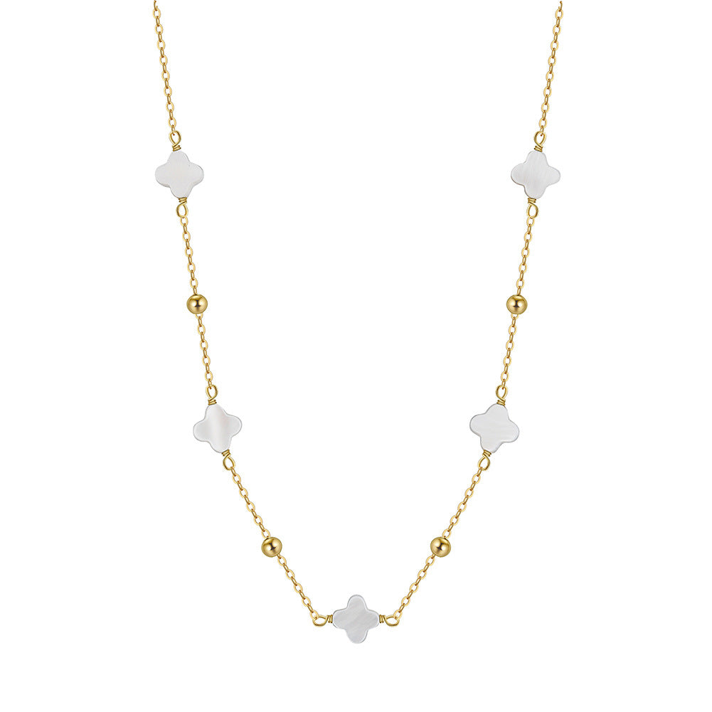 Silver White Mother of Pearl Clover Station Necklace, Solid White Shell Clover Pendants with Silver Ball Spacer Beads