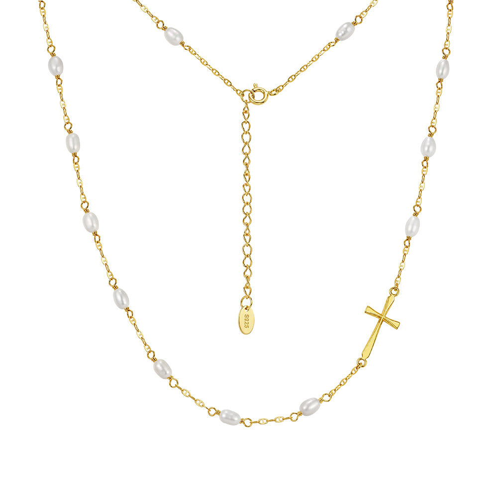 Oval Rice Freshwater Pearl Station Cross Necklace, Lustrous White Pearls with Sideways Cross Pendant S925 Silver Adjustable Chain