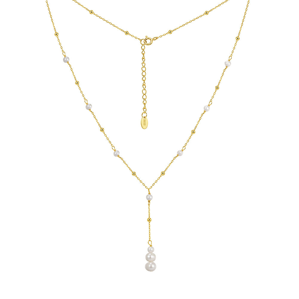 Y Drop Dainty Freshwater Pearl Lariat Necklace, Mini Lustrous White Pearls Station Chain with Stacked Pearl Drop Pendant S925 Silver
