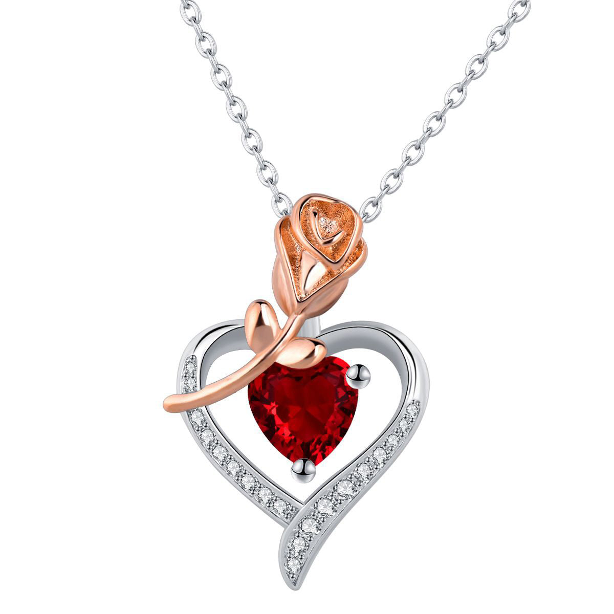 Copper With Silver/Rosegold Plated Heart Rose Pendant Necklace