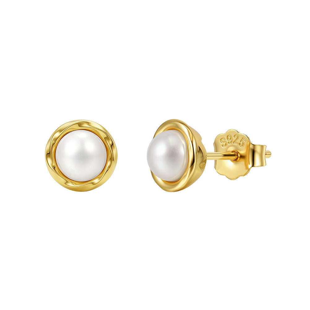S925 Sterling Silver Twisted Bezel Round Freshwater Pearl Stud Earrings, Smooth Wavy Frame Lustrous Pearl Minimalist Ear Studs