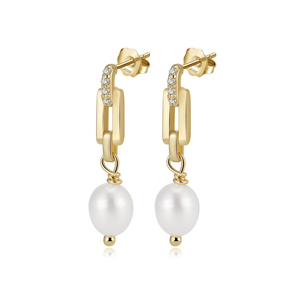 S925 Sterling Silver Paperclip Link CZ Accent Teardrop Freshwater Pearl Dangle Earrings, Geometric Chain Oval Lustrous Pearl Drop Earrings