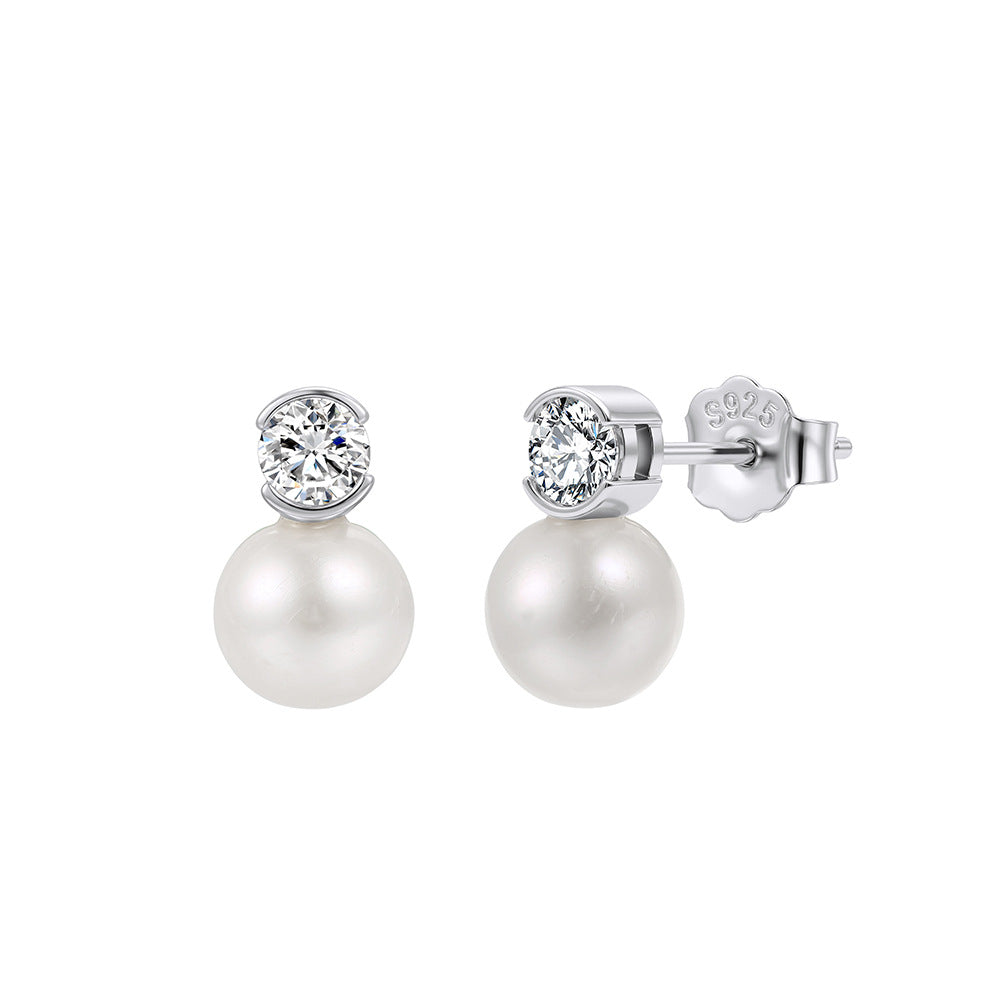 S925 Sterling Silver Half Bezel Round CZ & Large Lustrous Round Freshwater Pearl Stud Earrings for Women