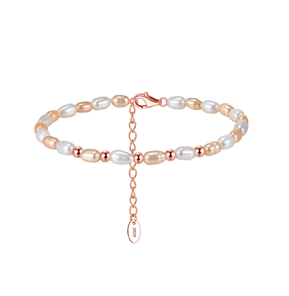 S925 Sterling Silver Beaded Bracelet, Mixed White & Peach Oval Rice Freshwater Pearls with Silver Metal Spacers, Adjustable Extension Chain
