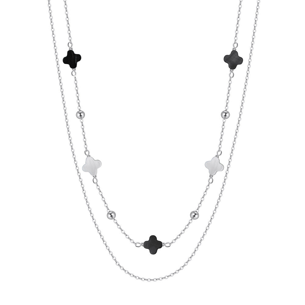 Silver Double Layer Clover Beaded Necklace, Two-Tone Black & Silver Four Leaf Clover Charms with Round Metal Ball Spacers
