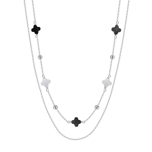 Silver Double Layer Clover Beaded Necklace, Two-Tone Black & Silver Four Leaf Clover Charms with Round Metal Ball Spacers