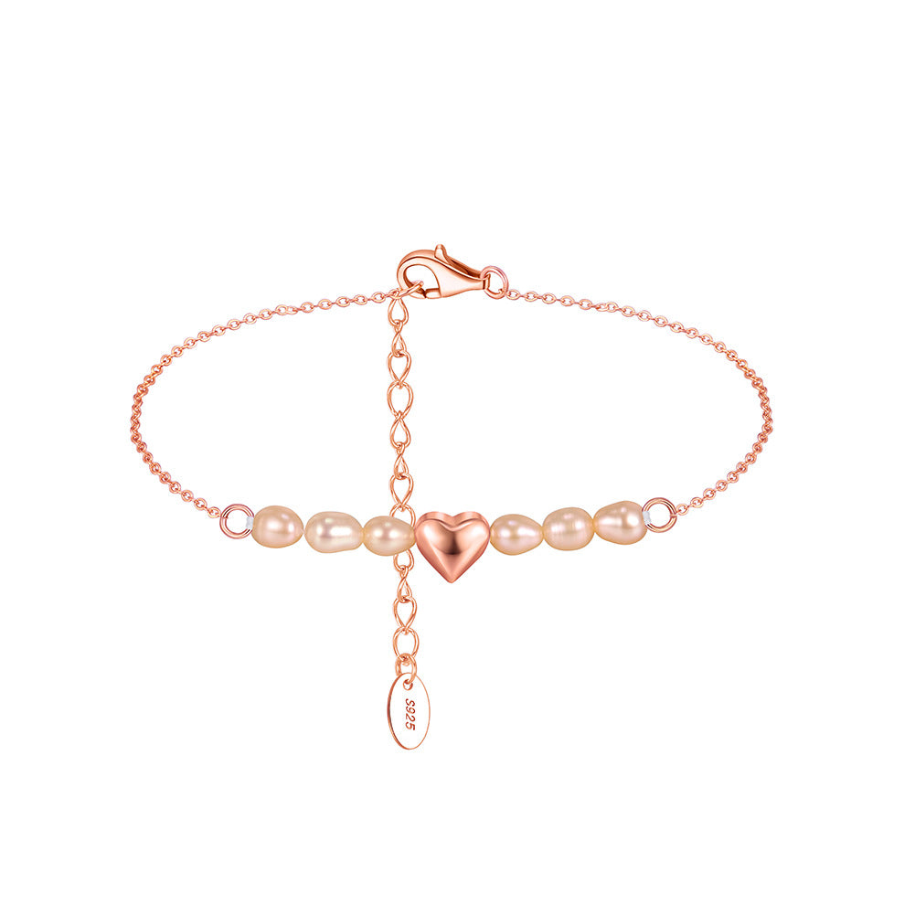 S925 Sterling Silver Dainty Chain Bracelet, Soft Peach Baroque Rice Freshwater Pearls with 3D Solid Heart Charm, Adjustable Extension Chain