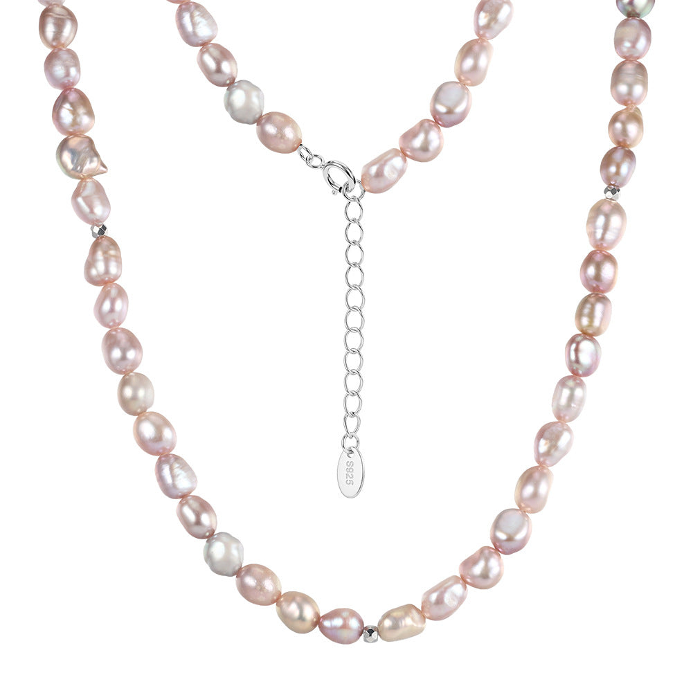 Soft Pink Iridescent Baroque Freshwater Pearl Full Strand Necklace, Pastel Pink Organic Shape Pearls S925 Silver Chain