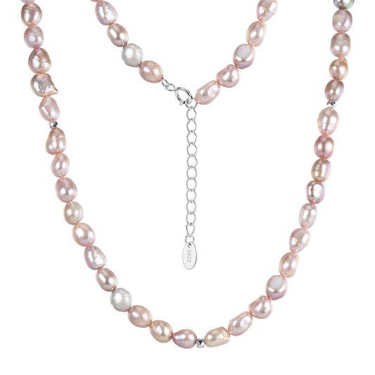 Soft Pink Iridescent Baroque Freshwater Pearl Full Strand Necklace, Pastel Pink Organic Shape Pearls S925 Silver Chain