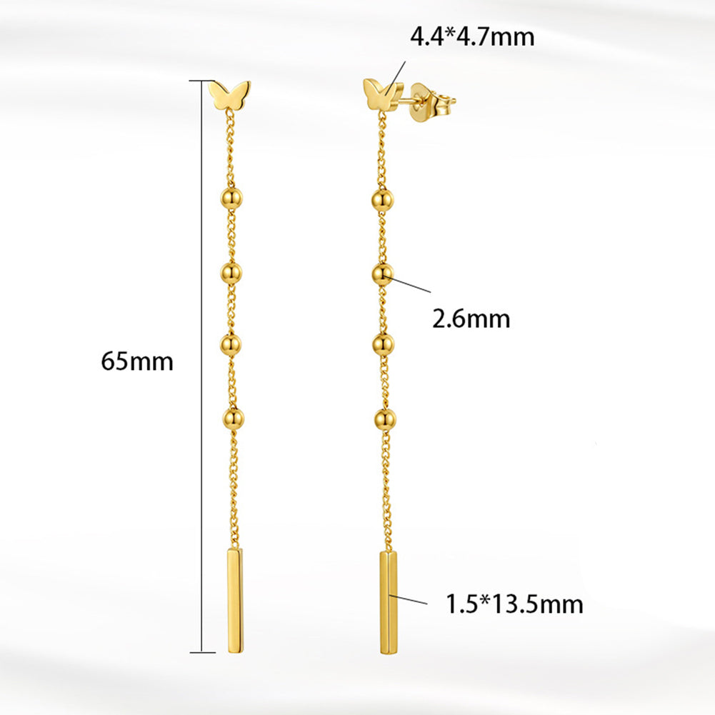 Stainless Steel Butterfly Long Drop Earrings with Beaded Chain and Vertical Bar Charm
