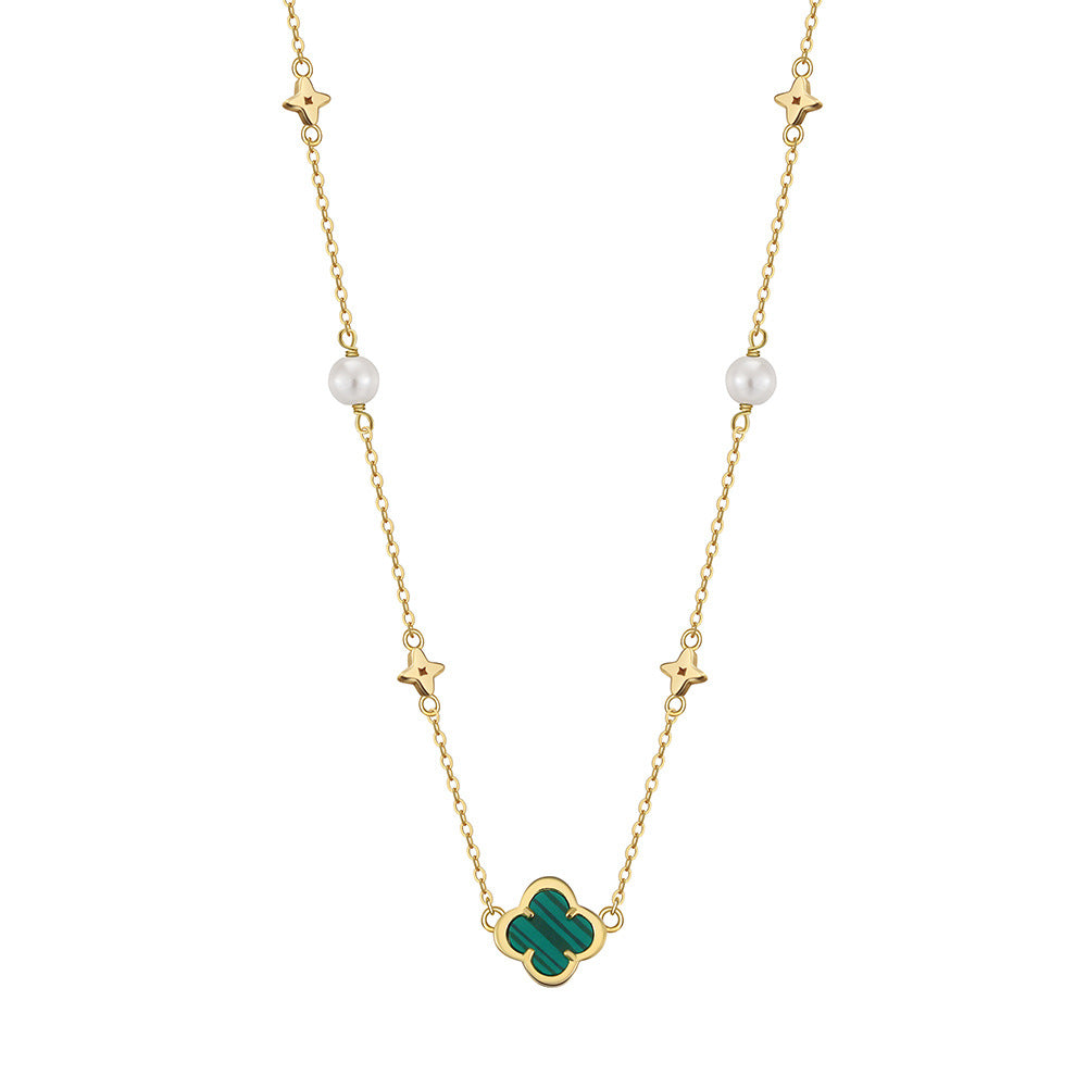 Silver Malachite Clover Pearl Necklace, Green Malachite Four Leaf Clover Pendant, Star Charms and Glossy Freshwater Pearl Stations