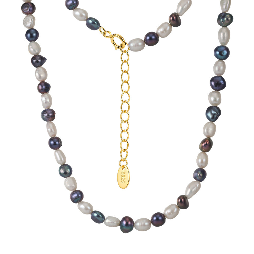Mixed White & Peacock Baroque Freshwater Pearl Necklace, Multi-tone Irregular Lustrous Pearls Gold Plated S925 Chain
