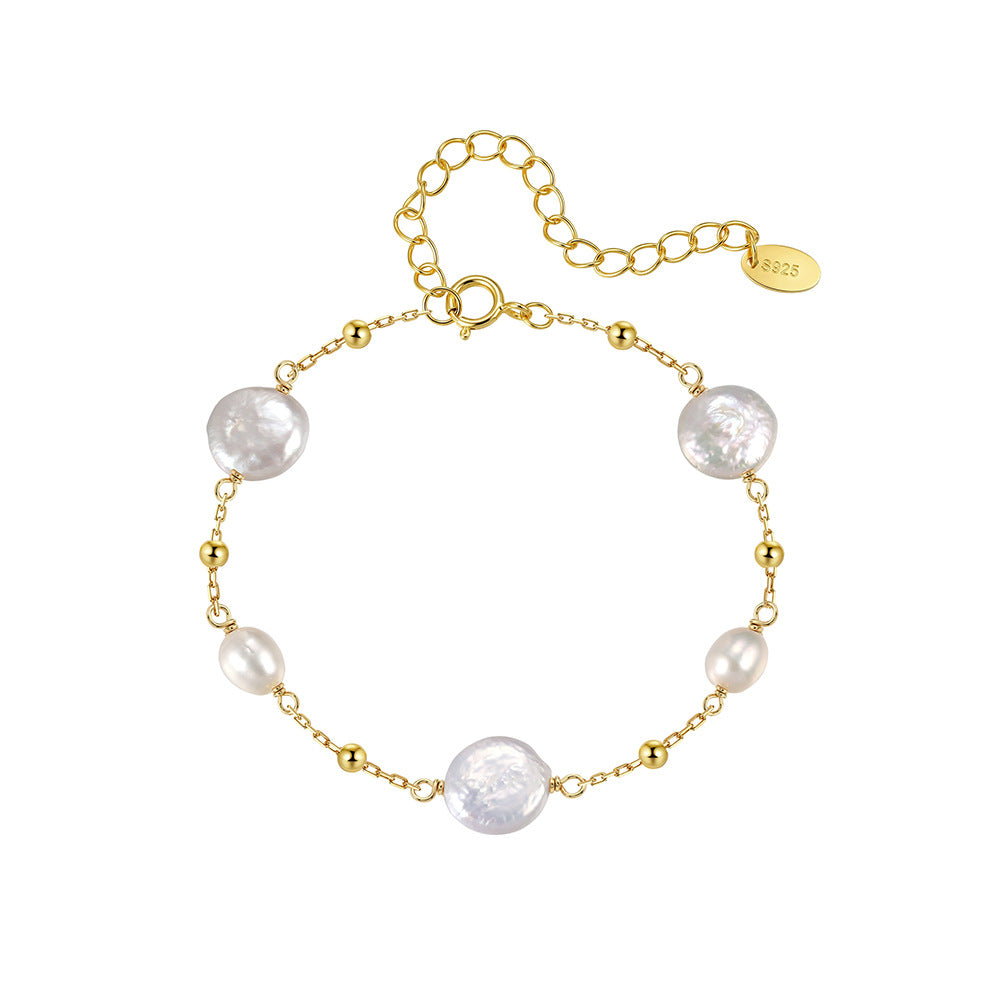 S925 Sterling Silver Bracelet, Large Coin Freshwater Pearls & Oval Rice Pearls with Silver Ball Spacers, Delicate Cable Chain, Adjustable Extension Chain