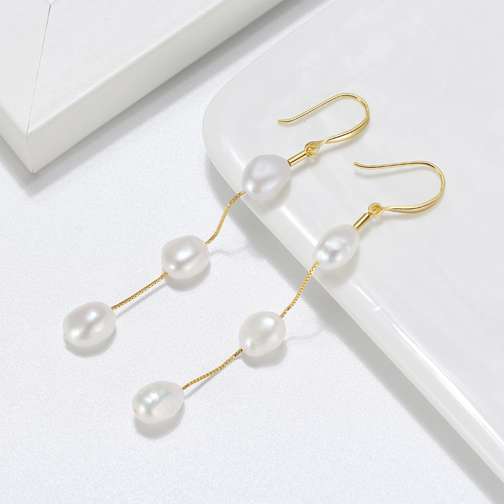 925 Sterling Silver Natural Pearl Hook Earrings Fashion Jewelry Gift for Women Girl