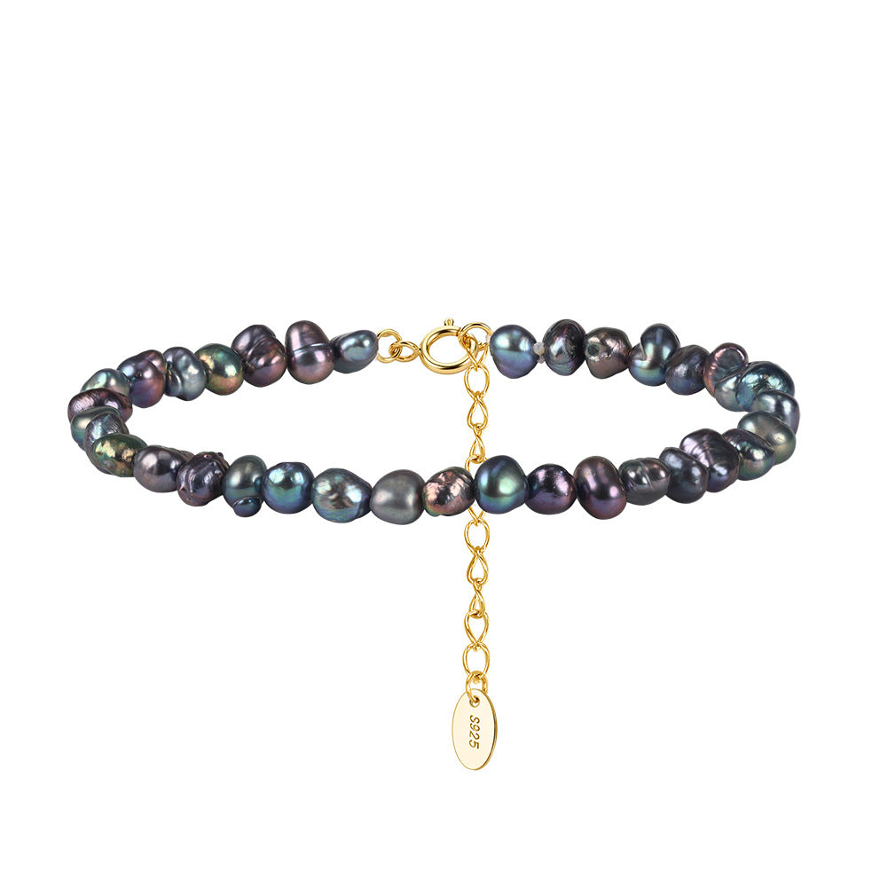 S925 Gold Plated Beaded Bracelet, Dark Peacock Iridescent Baroque Freshwater Pearls, Natural Color Variation, Adjustable Extension Chain