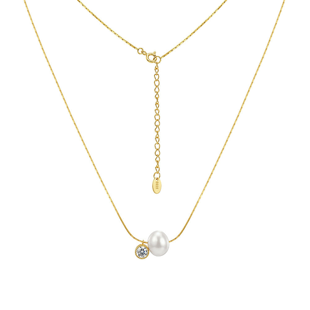 Single Large Glossy Oval Freshwater Pearl Necklace, Solitaire Lustrous Pearl with Tiny Cubic Zirconia Accent S925 Silver Snake Chain