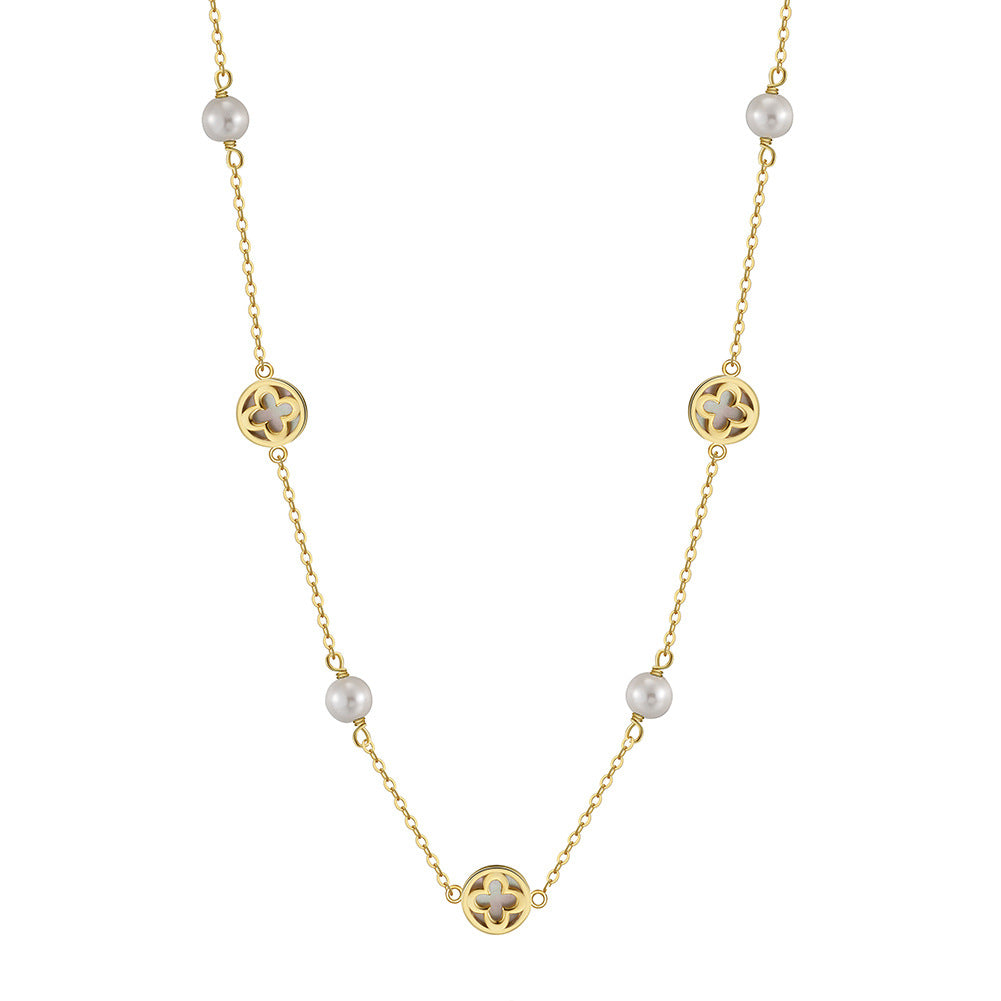 Silver Clover & Pearl Station Necklace, Hollow Four Leaf Clover Mother of Pearl Inlay with Lustrous Round Freshwater Pearls