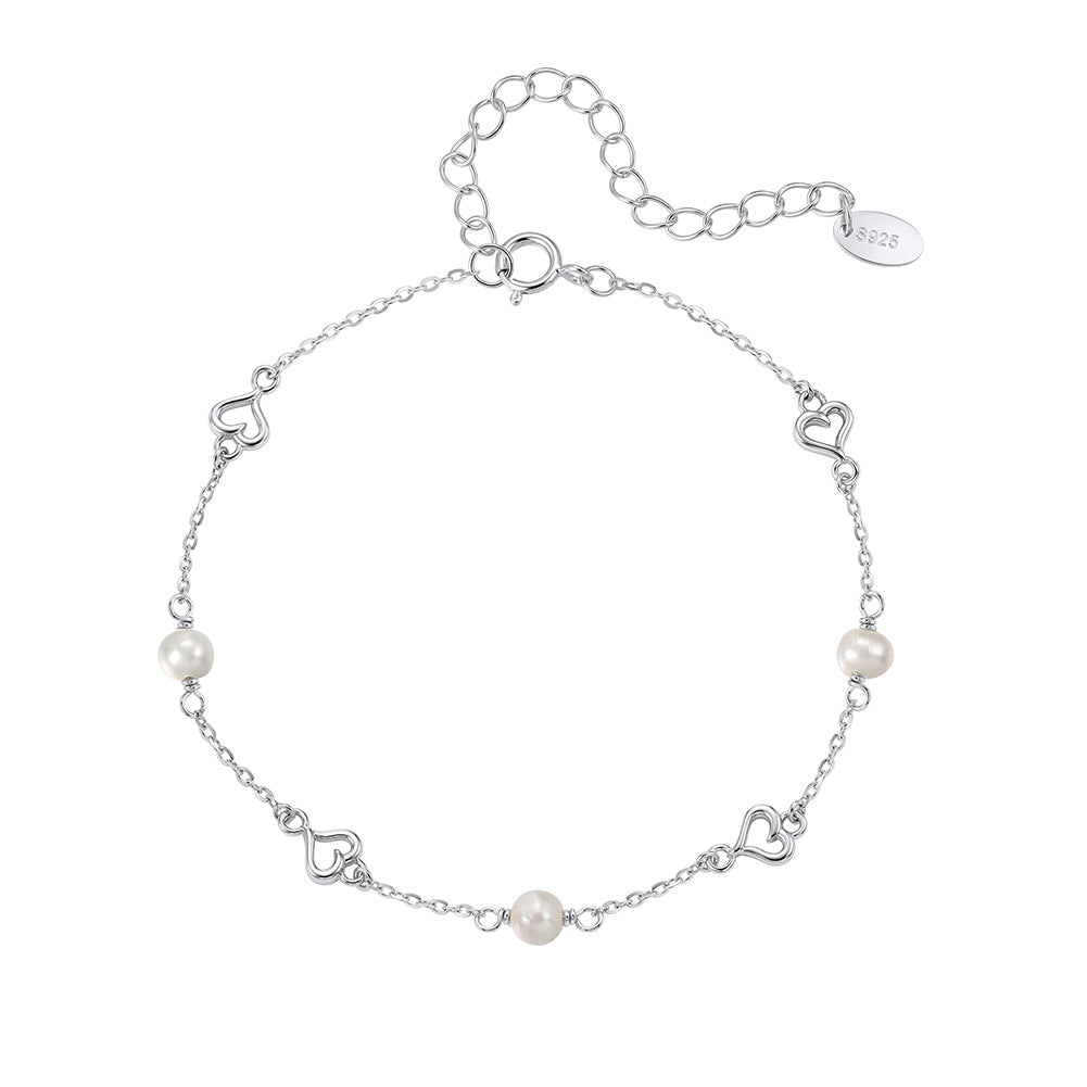 S925 Sterling Silver Thin Chain Bracelet, Round Lustrous Freshwater Pearls & Hollow Open Heart Charms, Adjustable Extension Chain