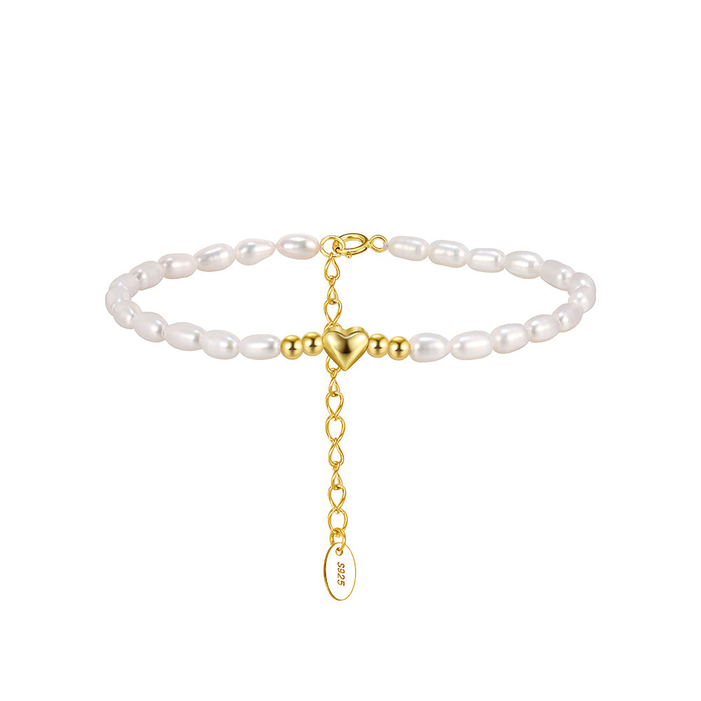 S925 Sterling Silver Beaded Bracelet, White Baroque Rice Freshwater Pearls with 3D Heart Accent, Adjustable Extension Chain