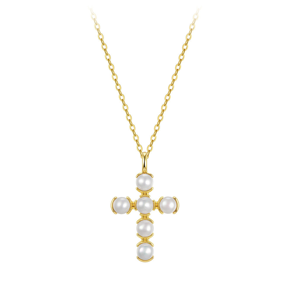 Cross Shape Freshwater Pearl Necklace, 6pcs Round Luminous Cultured Pearls Silver Cross Pendant