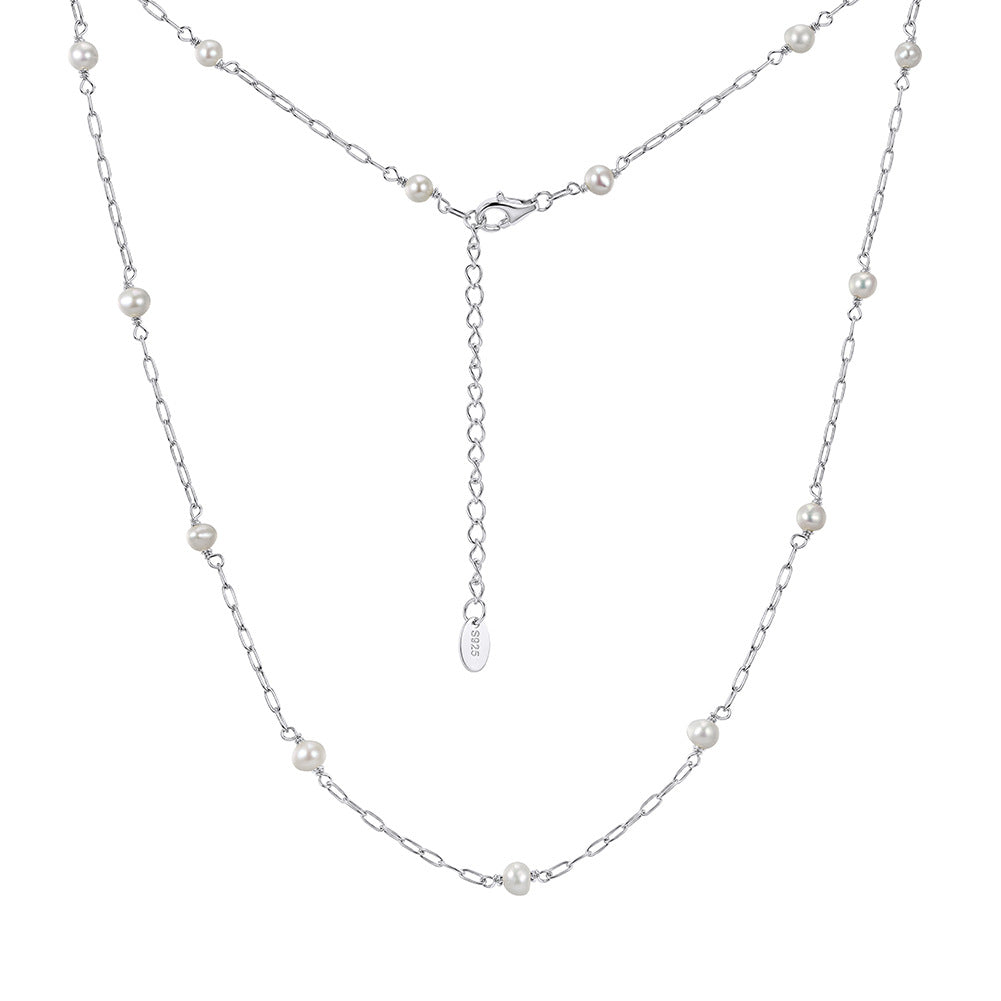 Round Glossy Freshwater Pearl Station Paperclip Chain Necklace, Uniform White Cultured Pearls S925 Silver Adjustable Chain