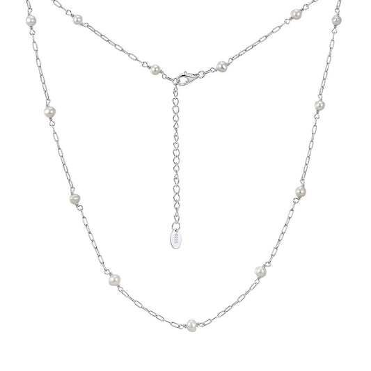 Round Glossy Freshwater Pearl Station Paperclip Chain Necklace, Uniform White Cultured Pearls S925 Silver Adjustable Chain