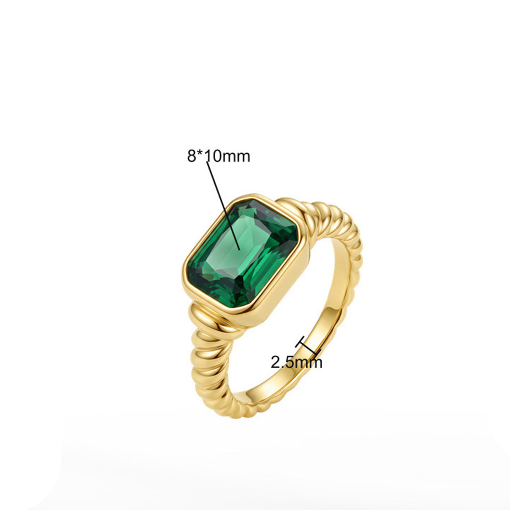 Stainless Steel Gold Plated Twisted Band Ring with Rectangle Emerald Green CZ Stone