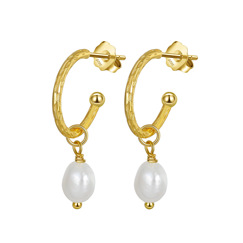 S925 Sterling Silver Textured C-Hoop Pearl Drop Earrings, Glossy Oval Freshwater Pearl Pendant on Hammered Pattern Open Silver Hoop