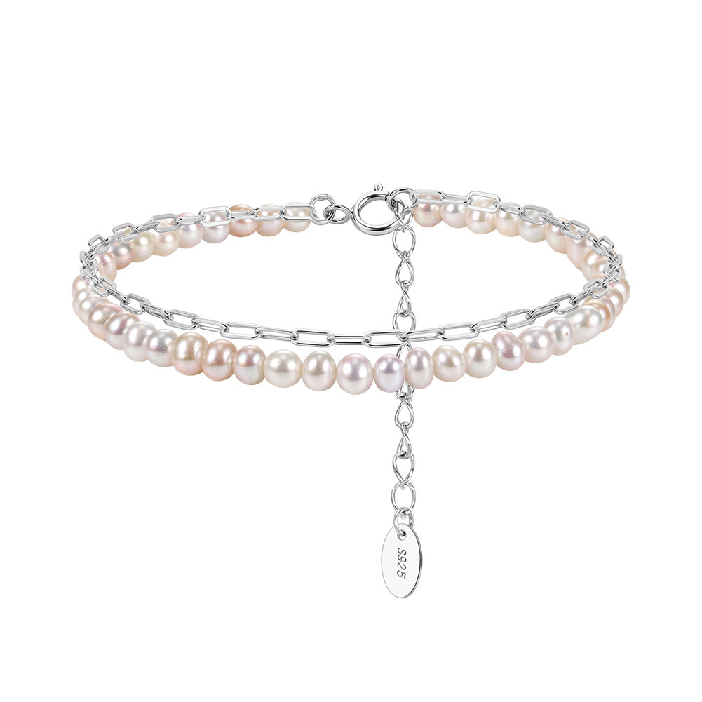 S925 Sterling Silver Double Layer Bracelet, Dainty Pastel Rice Freshwater Pearl Strand Paired with Paperclip Chain, Adjustable Extension Chain
