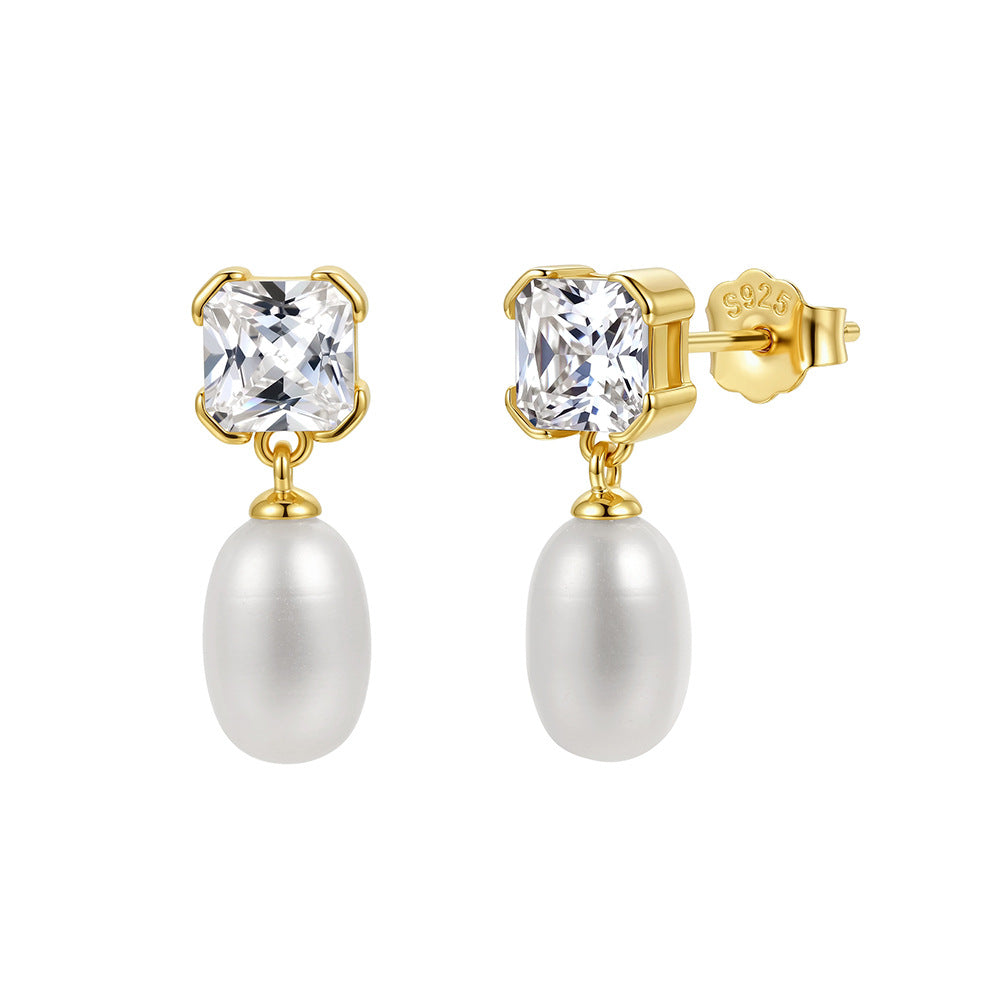 S925 Sterling Silver Cushion Cut CZ & Oval Freshwater Pearl Drop Earrings, Sparkling Square Cubic Zirconia Teardrop Pearl Earring Studs