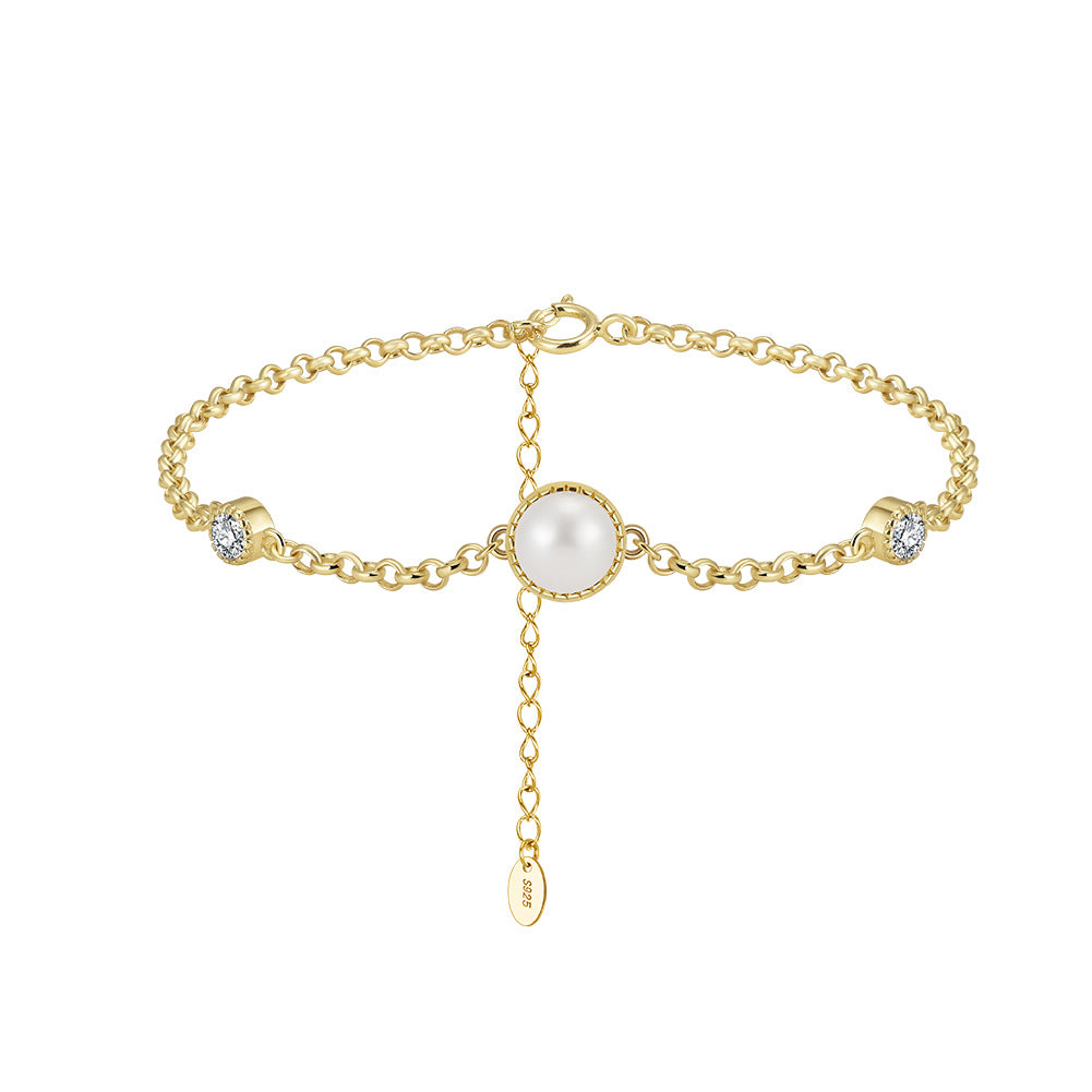 S925 Sterling Silver Dainty Chain Bracelet, Central Round Freshwater Pearl with CZ Halo Side Accents, Adjustable Extension Chain