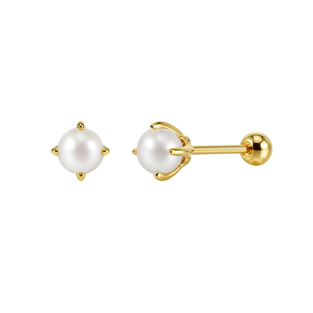 S925 Sterling Silver Gold Plated 4-Prong Round Freshwater Pearl Screw Back Stud Earrings, Simple Solid Gold Tone Pearl Ear Studs