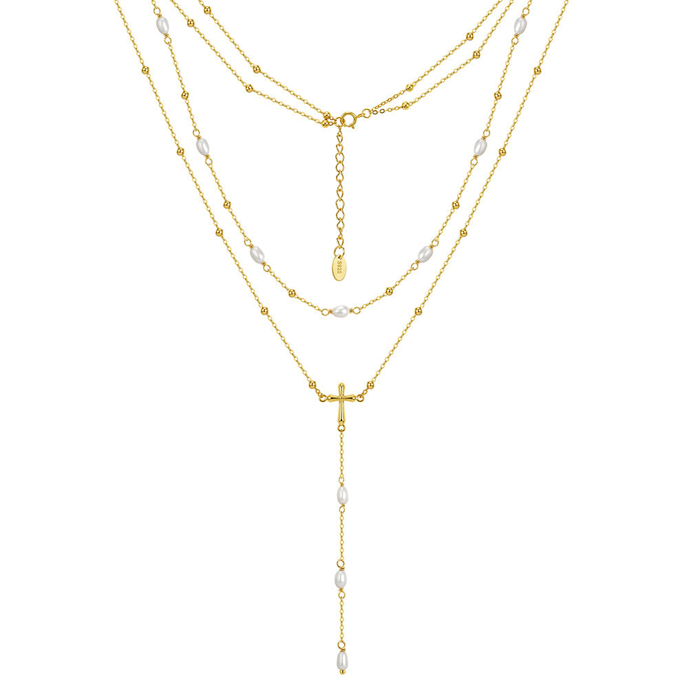 Multi Layer Y Drop Freshwater Pearl Cross Necklace, Dainty Lustrous Rice Pearls Layered Chain with Cross Lariat Pendant S925 Silver
