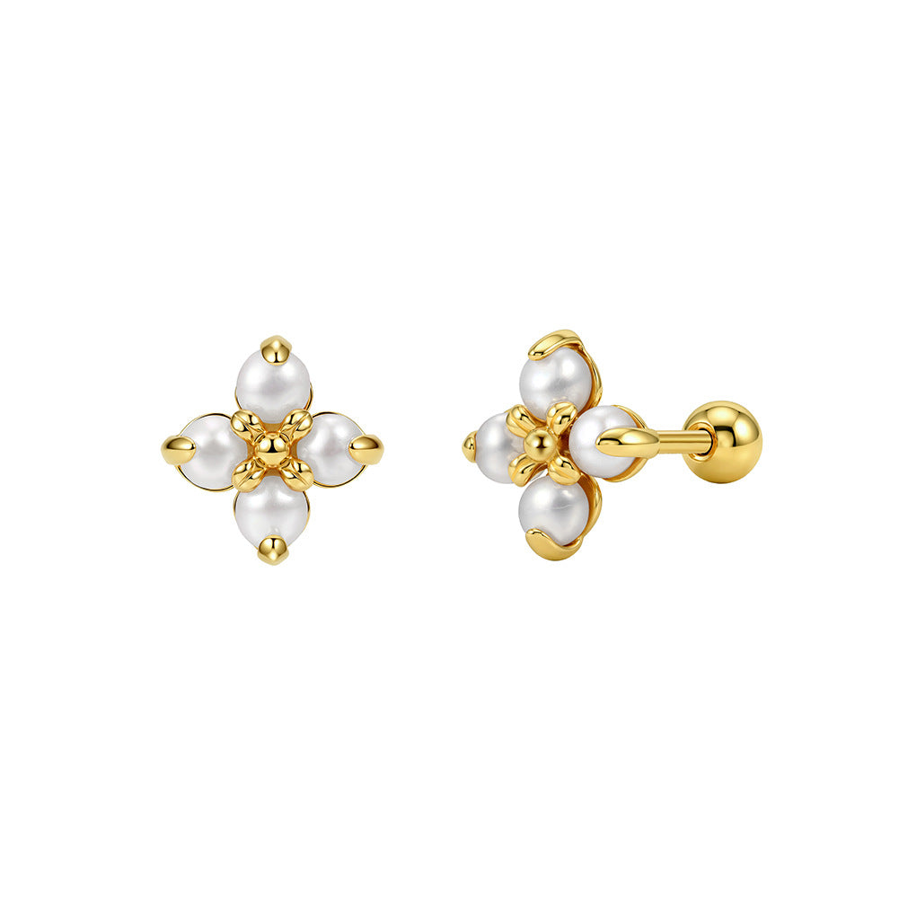 S925 Sterling Silver Four-Petal Flower Freshwater Pearl Screw Back Stud Earrings, Cluster Small Round Pearls Floral Ear Piercing Jewelry