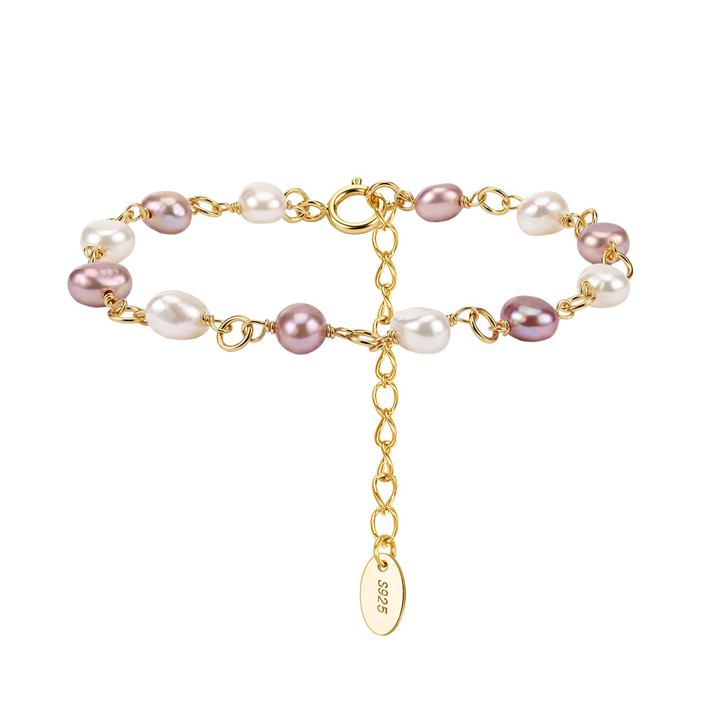 S925 Gold Plated Wire Wrapped Bracelet, Mixed White & Purple Oval Lustrous Freshwater Pearls, Open Link Chain, Adjustable Extension Chain