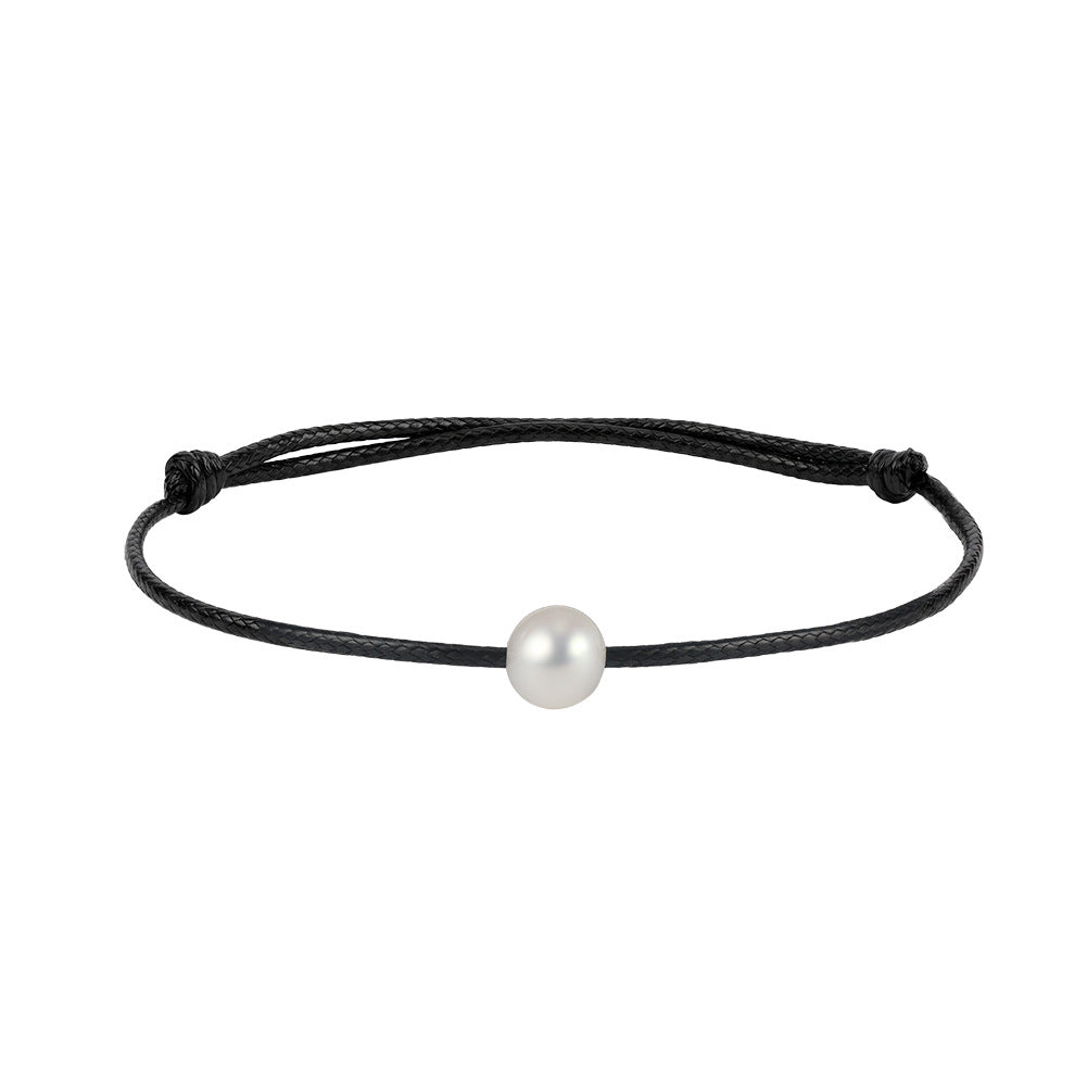 Minimalist Black Wax Cord Bracelet, Single Lustrous Round Freshwater Pearl, Adjustable Sliding Knot Closure