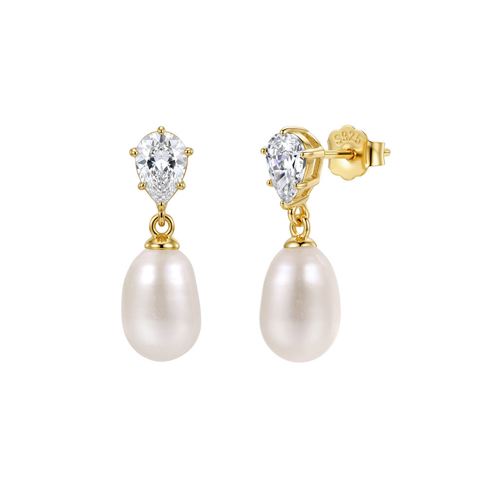 S925 Sterling Silver Pear Cut CZ Teardrop Freshwater Pearl Dangle Earrings, Pear Shape Cubic Zirconia with Lustrous Drop Pearl Earrings