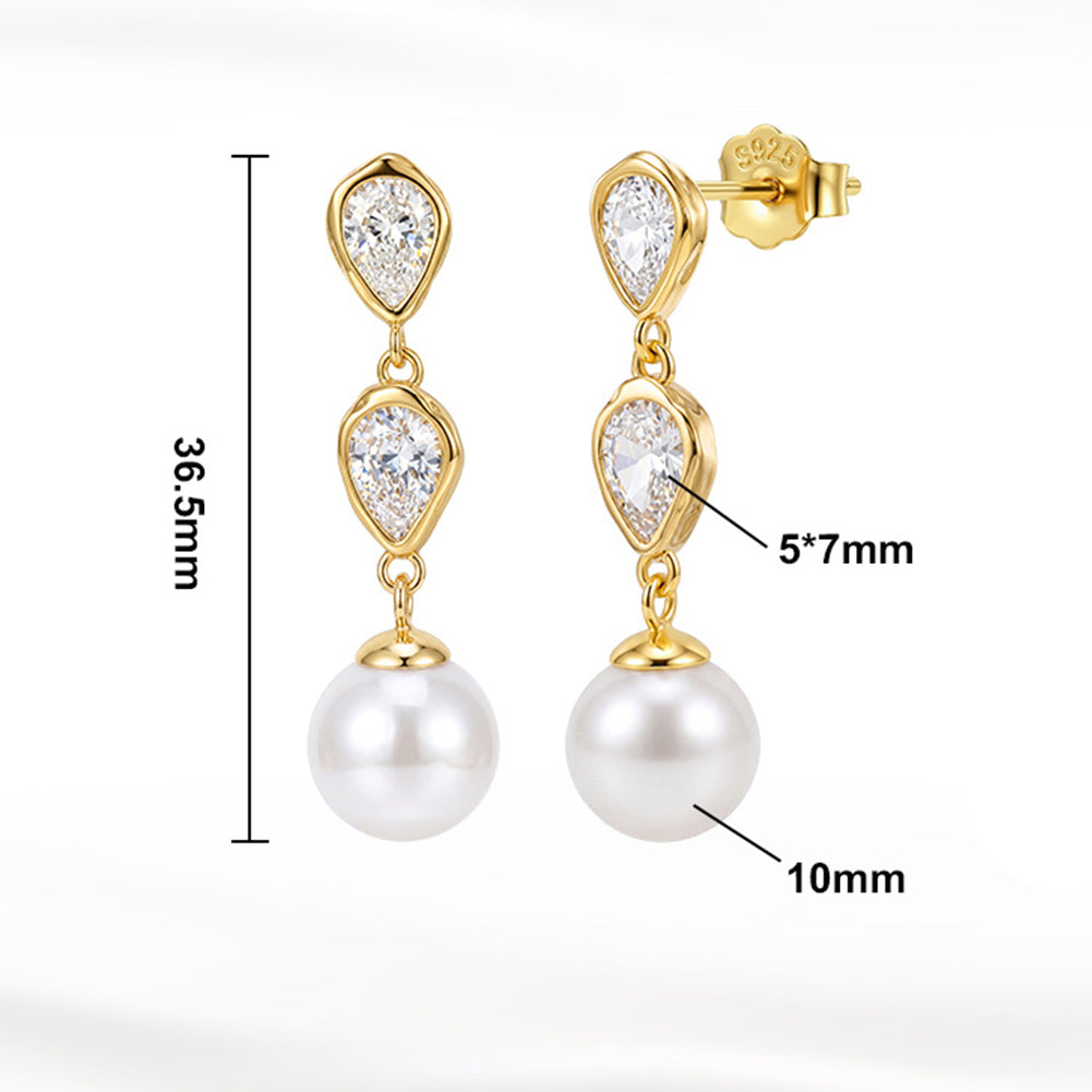 S925 Sterling Silver Double Teardrop Zircon Pearl Dangle Earrings, Big Round Pearl with Gentle Silky Sheen