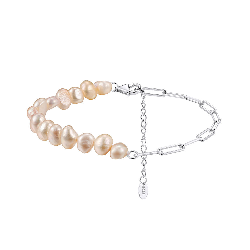 S925 Gold Plated Half Baroque Pearl Half Paperclip Chain Bracelet, Cream Natural Baroque Freshwater Pearls, Adjustable Extension Chain