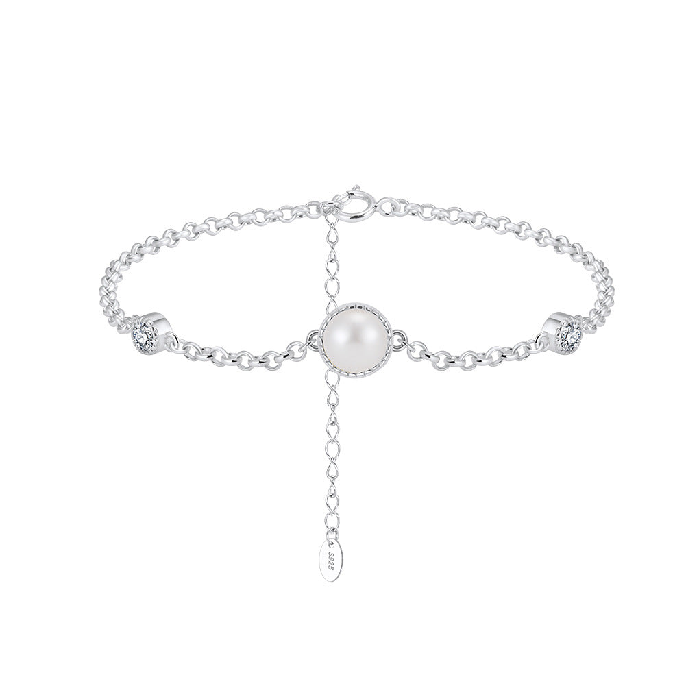 S925 Sterling Silver Dainty Chain Bracelet, Central Round Freshwater Pearl with CZ Halo Side Accents, Adjustable Extension Chain
